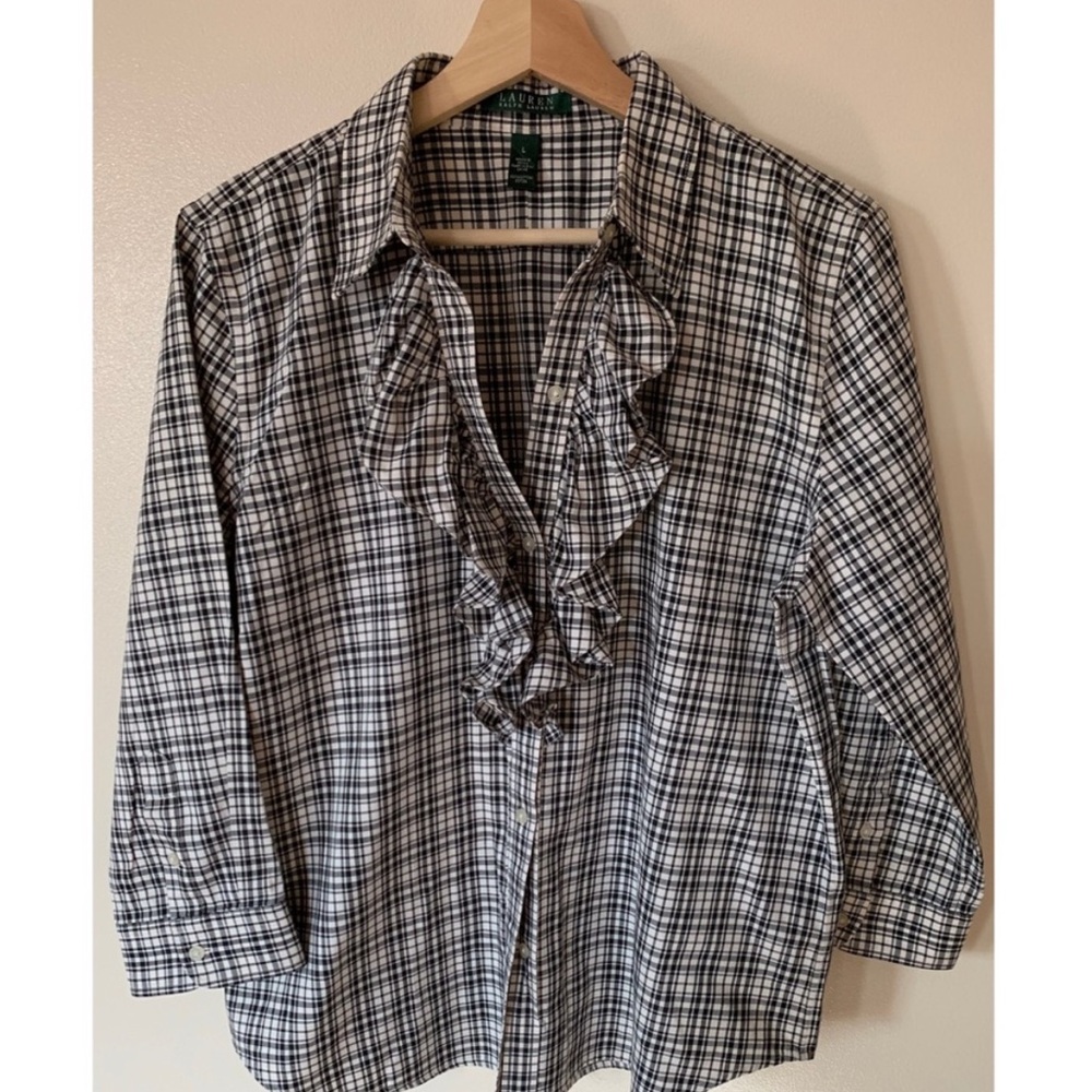 Ralph Lauren Black & White Plaid Ruffle Blouse